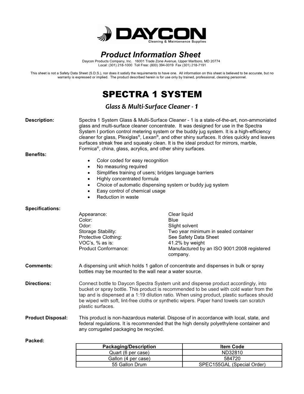 Product Information Sheet: Spectra 1