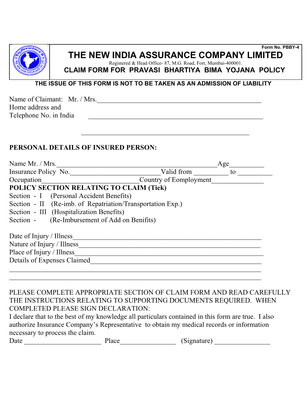 The Issue of This Form Is Not to Be Taken As an Admission of Liability