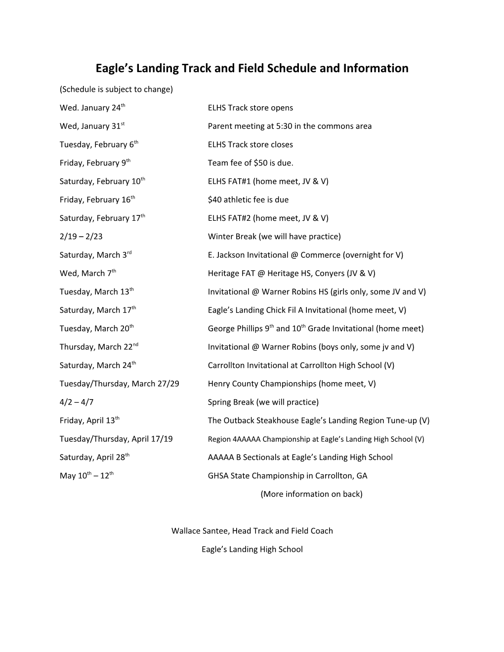 Eagle S Landing Track and Field Schedule and Information