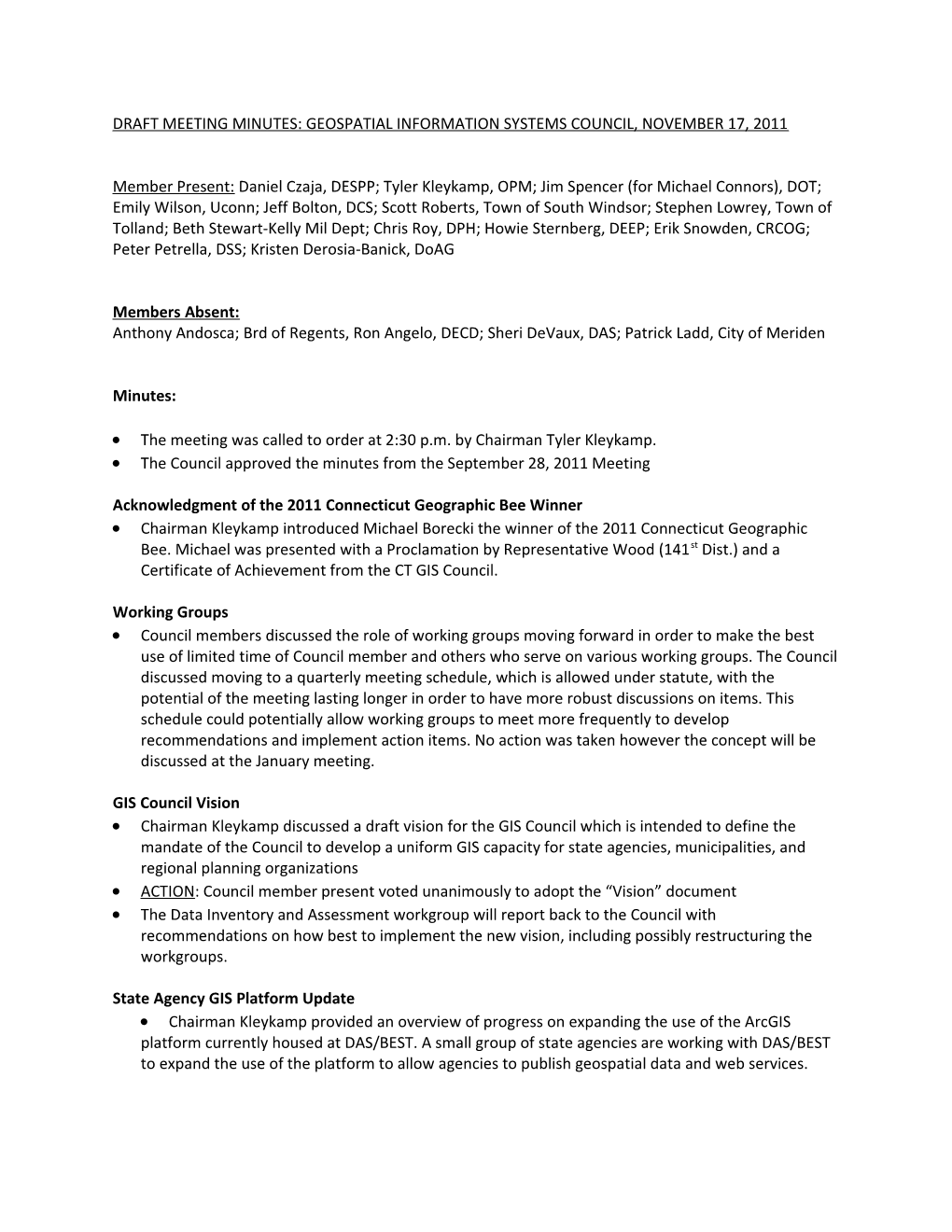 Draft Meeting Minutes: Geospatial Information Systems Council, November 17, 2011