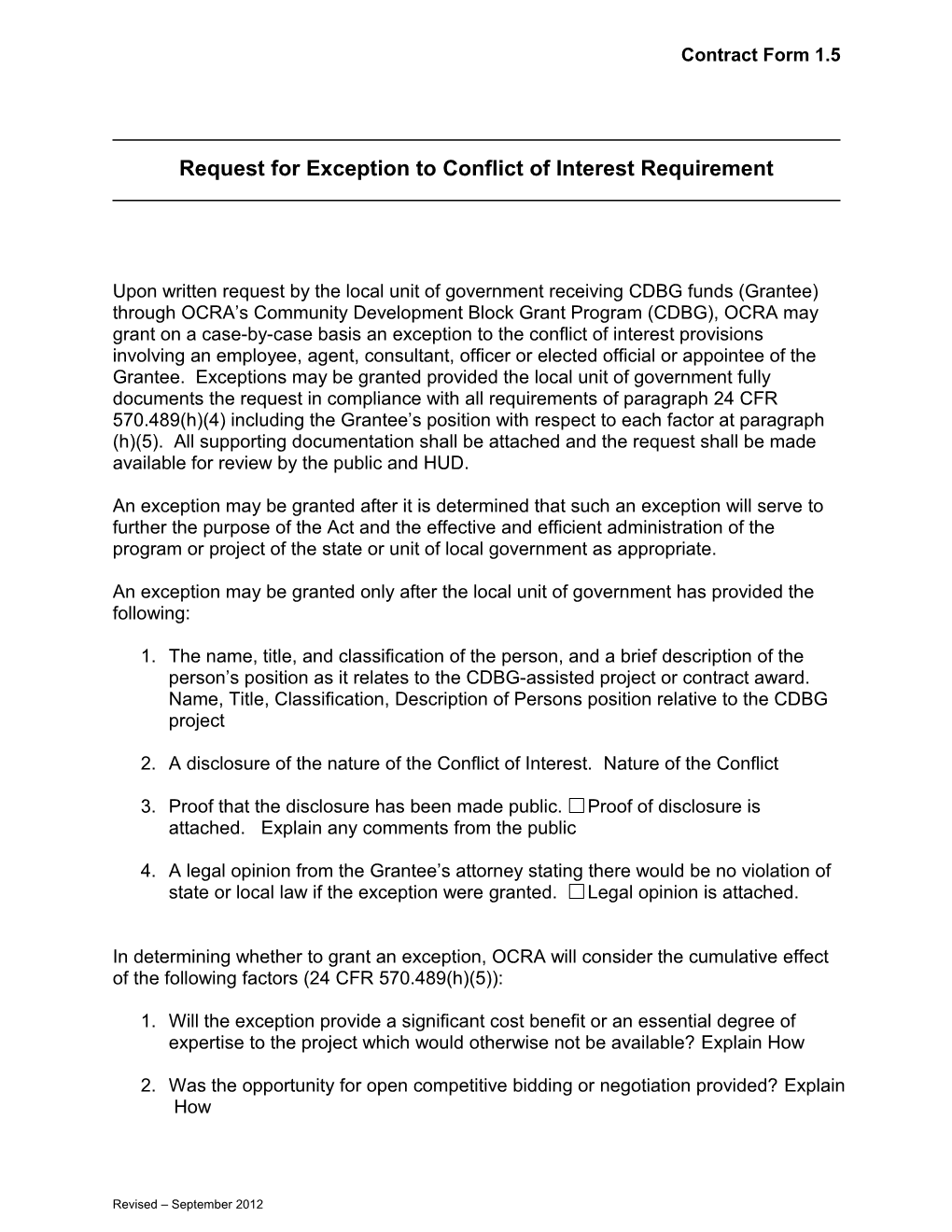 Request for Exception to Conflict of Interest Requirement