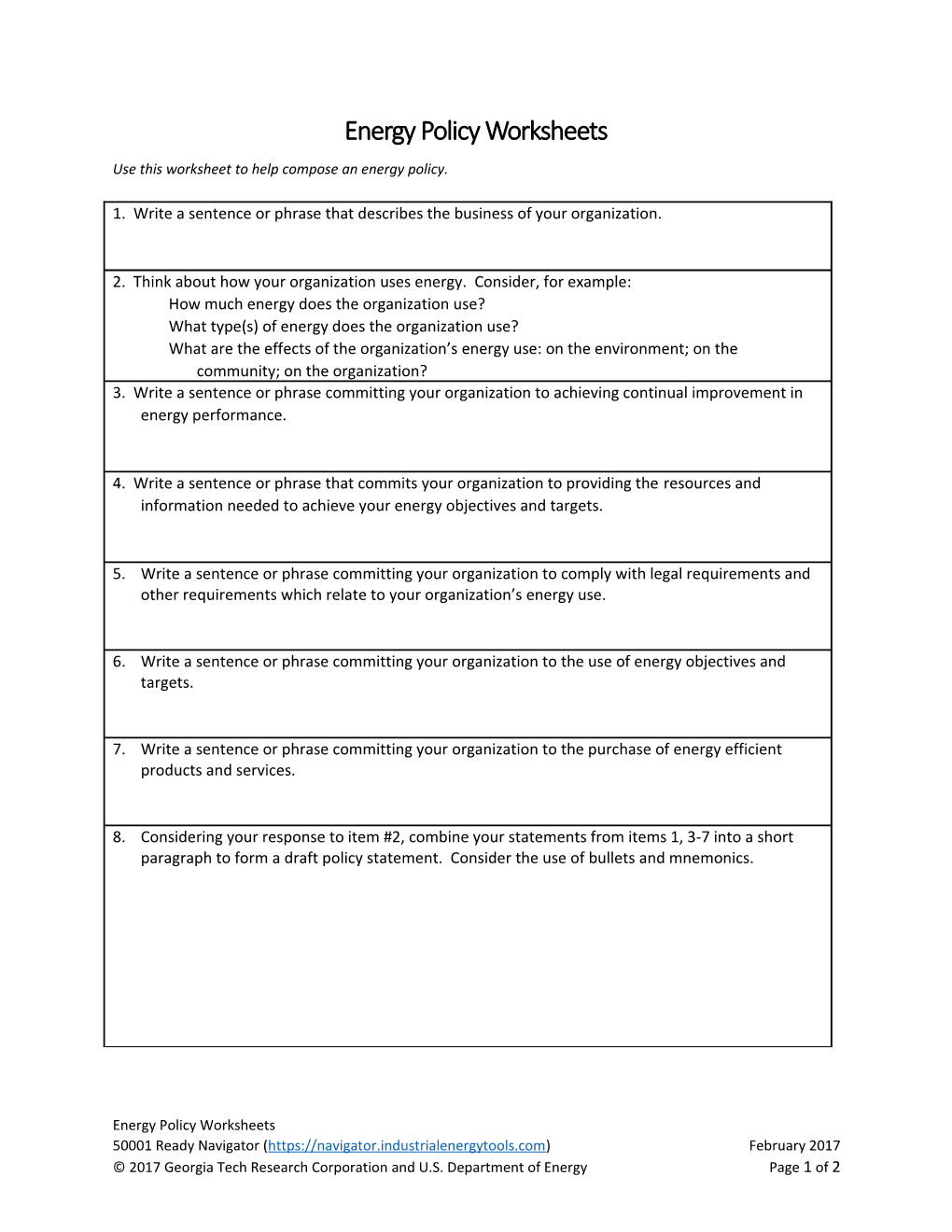 Use This Worksheet to Help Compose an Energy Policy