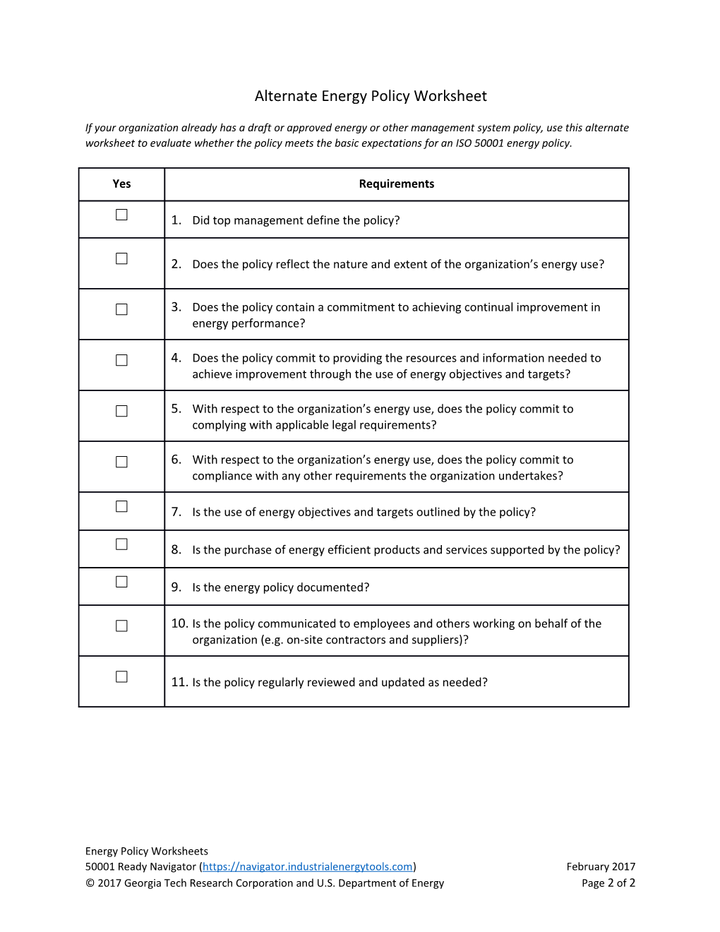 Use This Worksheet to Help Compose an Energy Policy