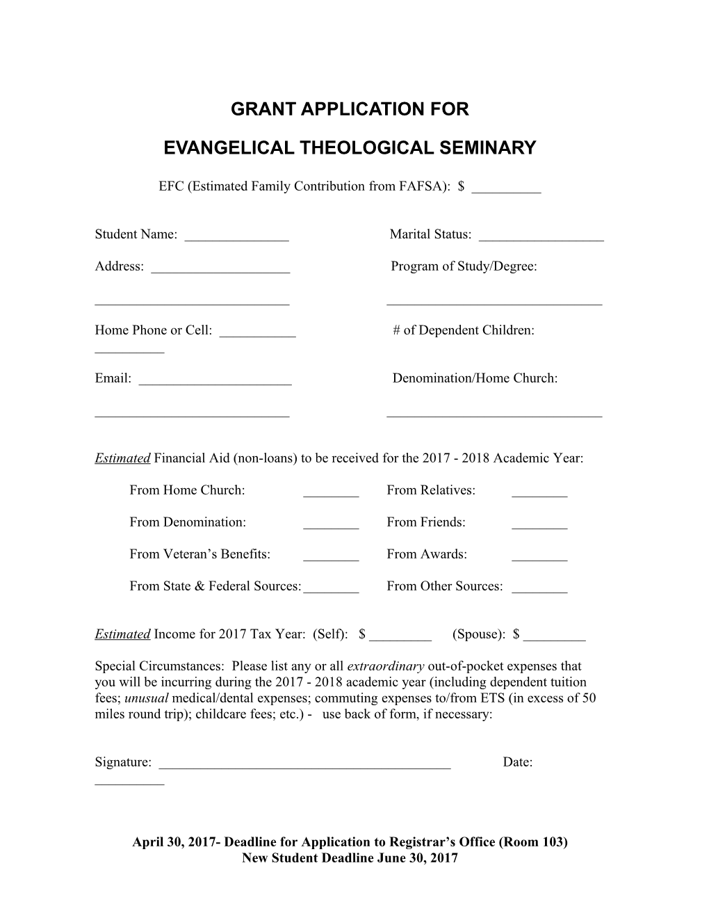 Grant Application for Evangelical Theological Seminary