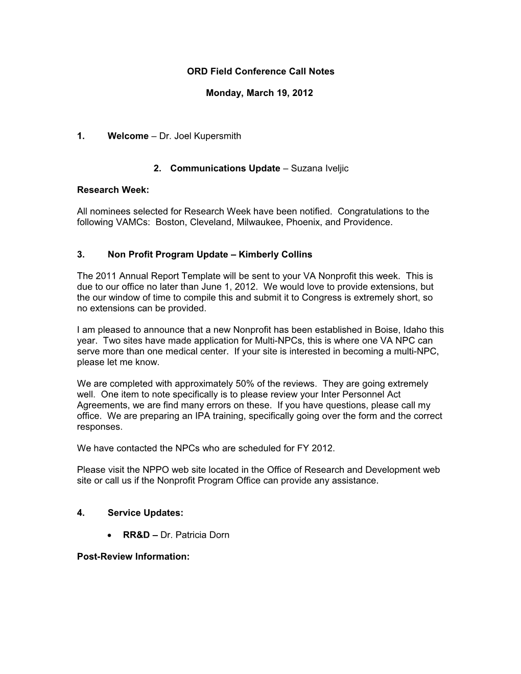ORD Field Conference Call Notes: Monday, March 19, 2012