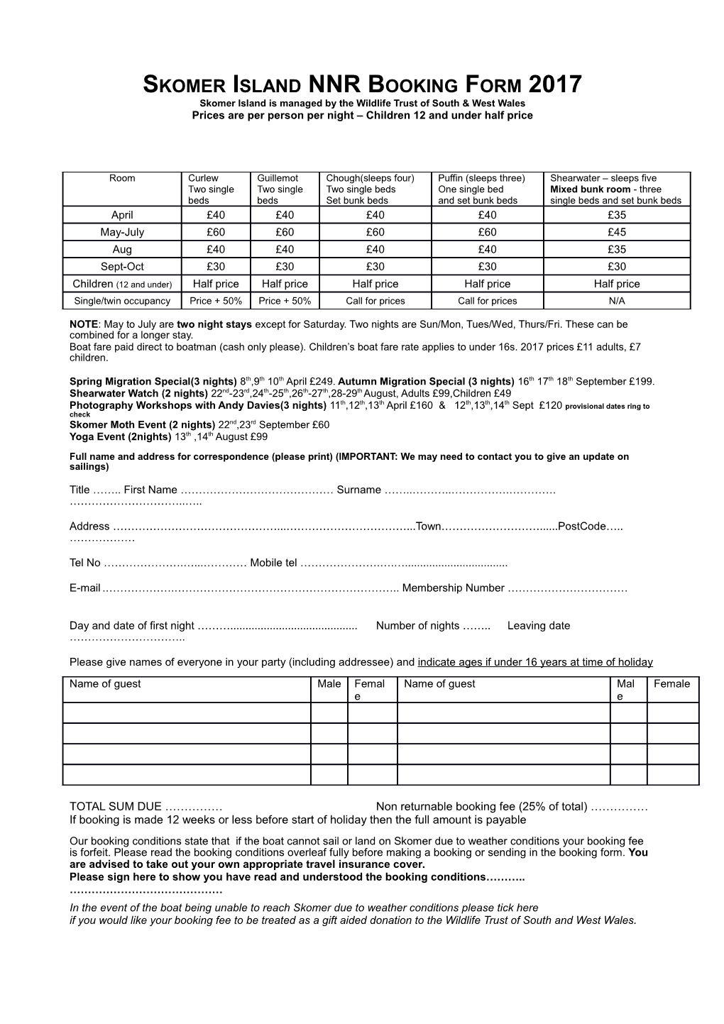 Skomer Island NNR Booking Form 2017