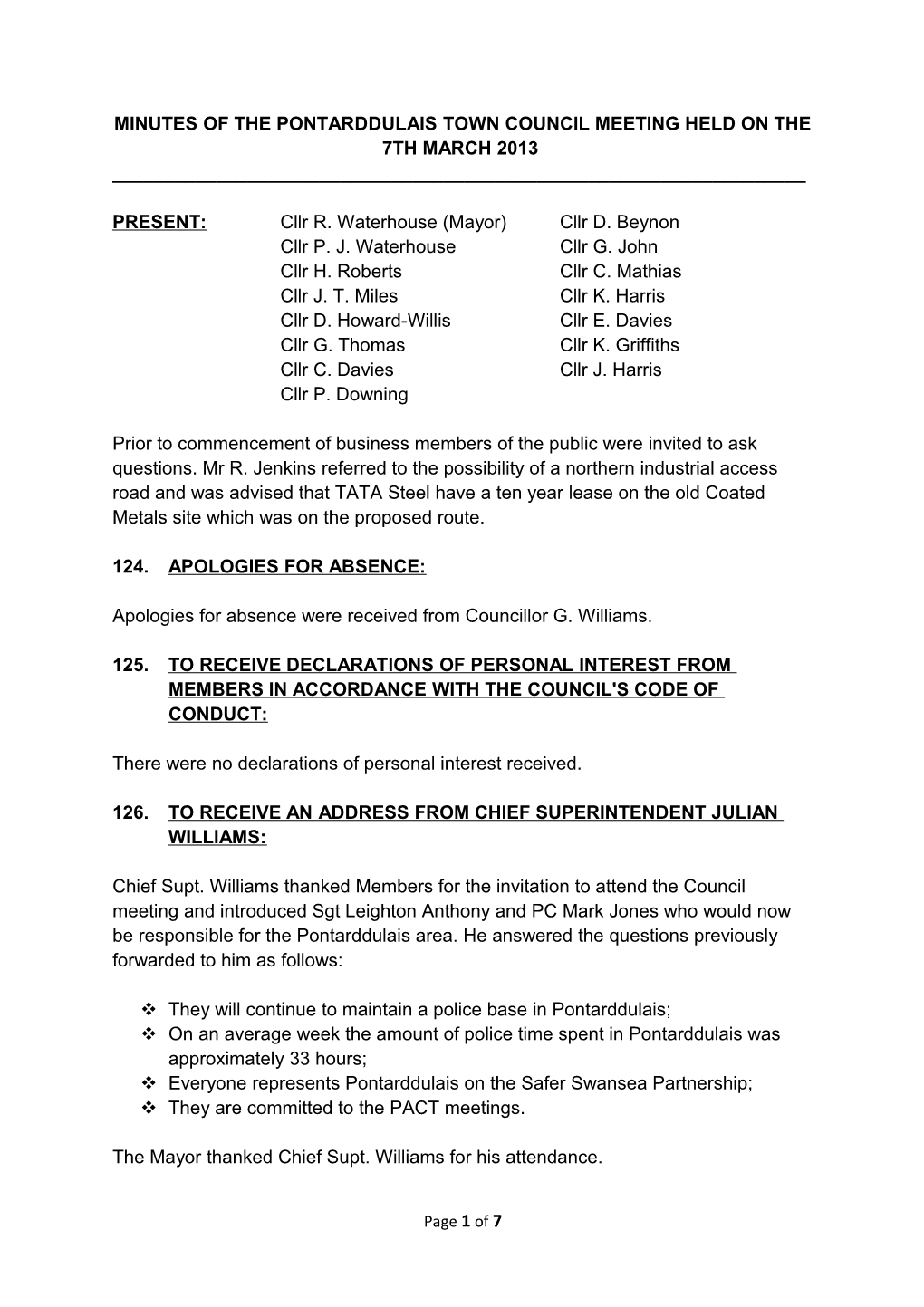 Minutes of the Pontarddulais Town Council Meeting Held on the 7Th March 2013