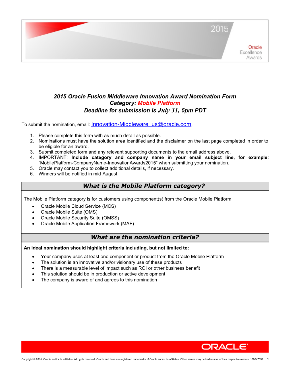2015 Oracle Fusion Middleware Innovation Award Nomination Form Category: Mobile Platform