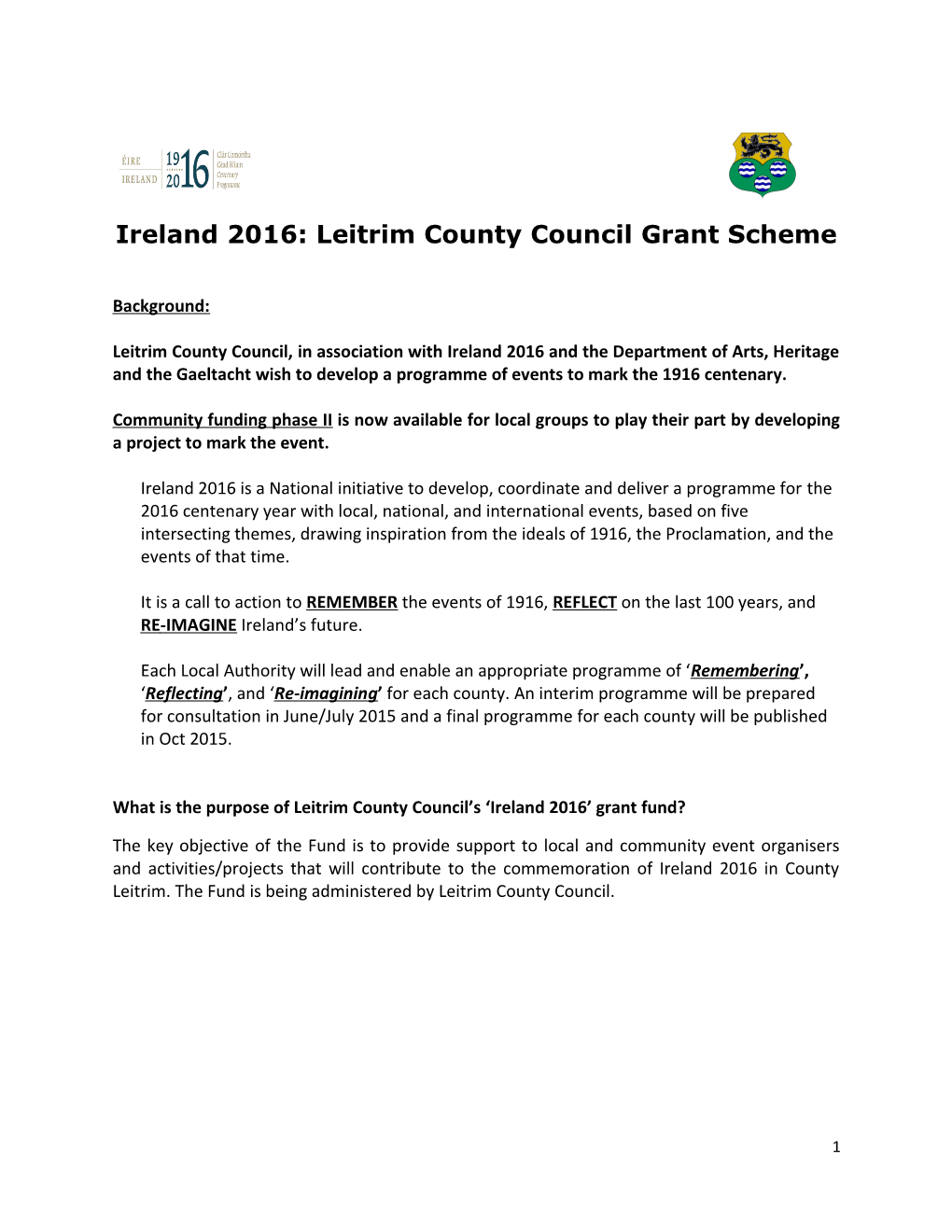 Ireland 2016: Leitrim County Council Grant Scheme