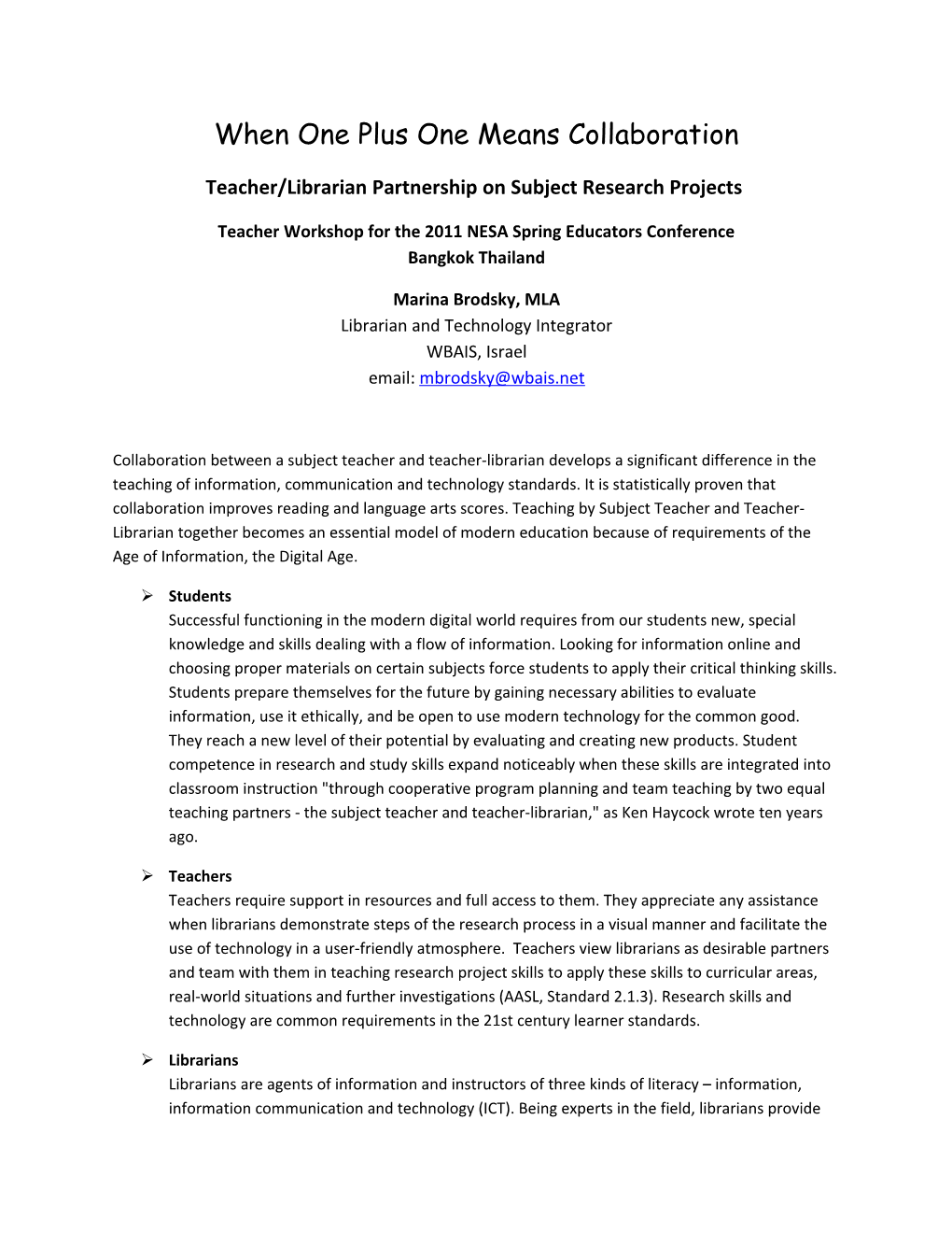 Teacher/Librarian Partnership on Subject Research Projects