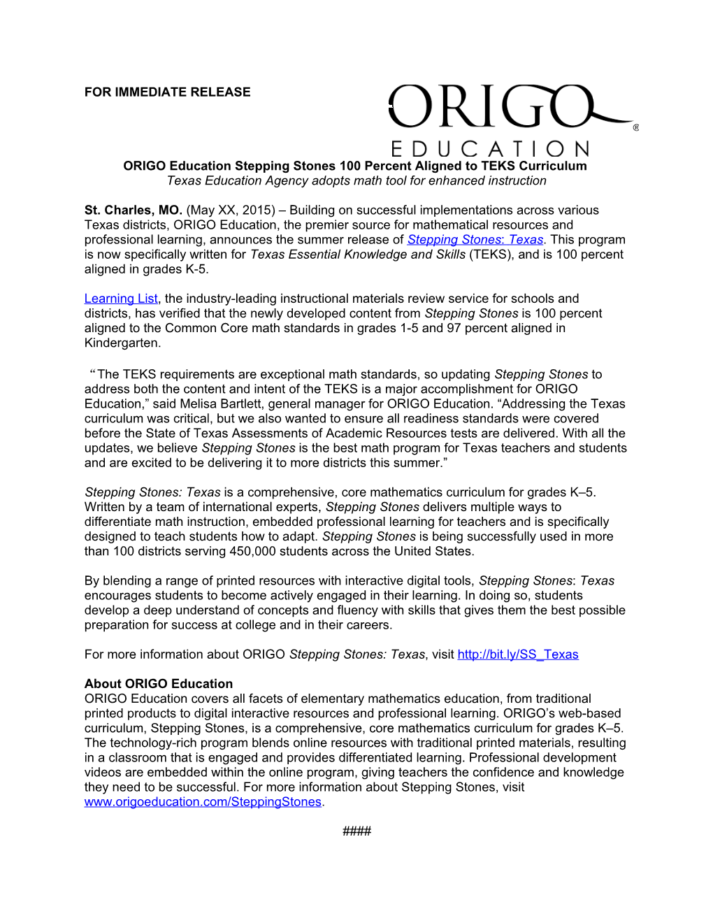 ORIGO Education Stepping Stones 100 Percent Aligned to TEKS Curriculum