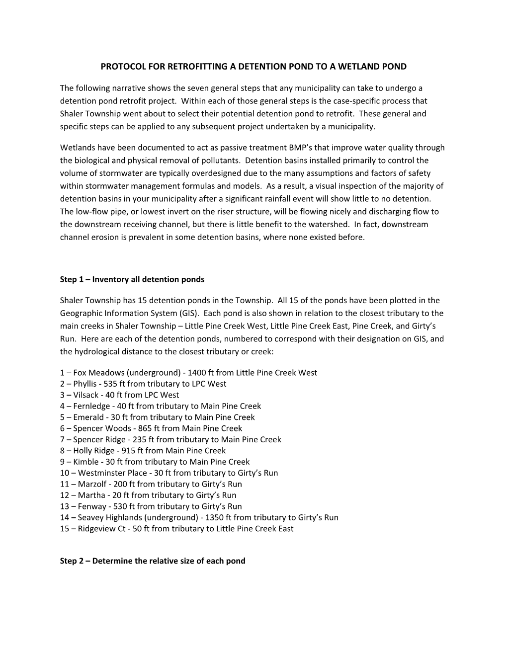 Protocol for Retrofitting a Detention Pond to a Wetland Pond