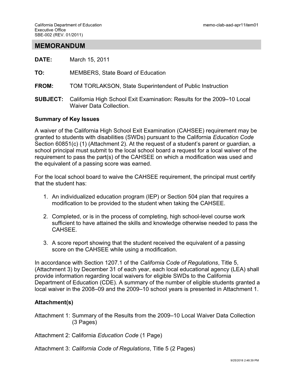 April 2011 Memorandum AAD Item 1 - Information Memorandum (CA State Board of Education)