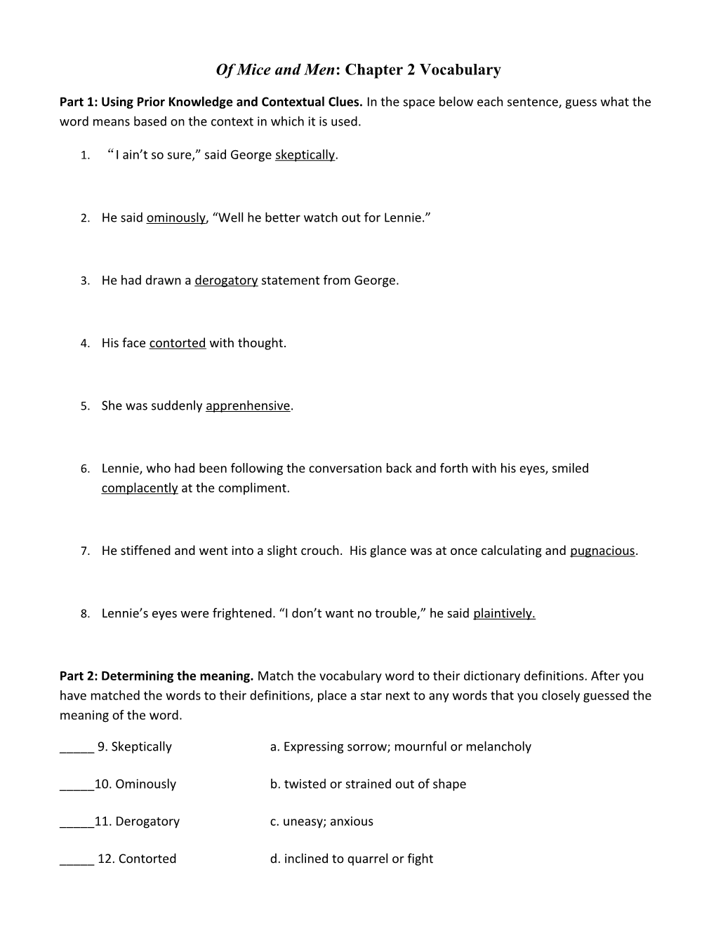 Of Mice and Men: Chapter 2 Vocabulary