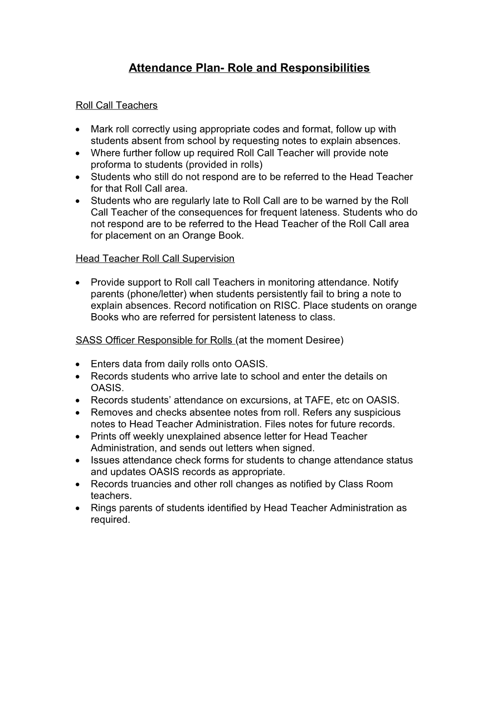 Attendance Plan- Role and Responsibilities