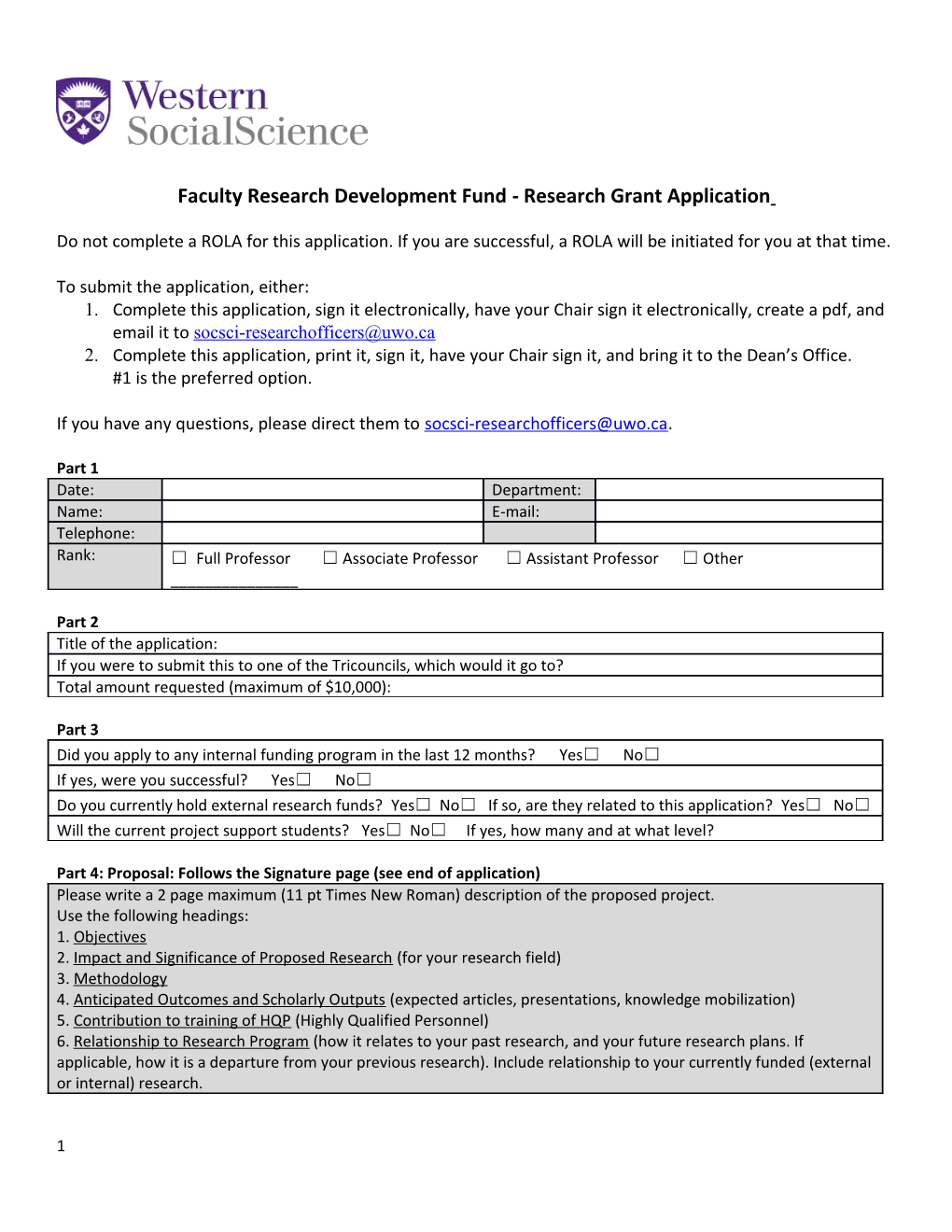 Faculty Research Development Fund- Research Grant Application
