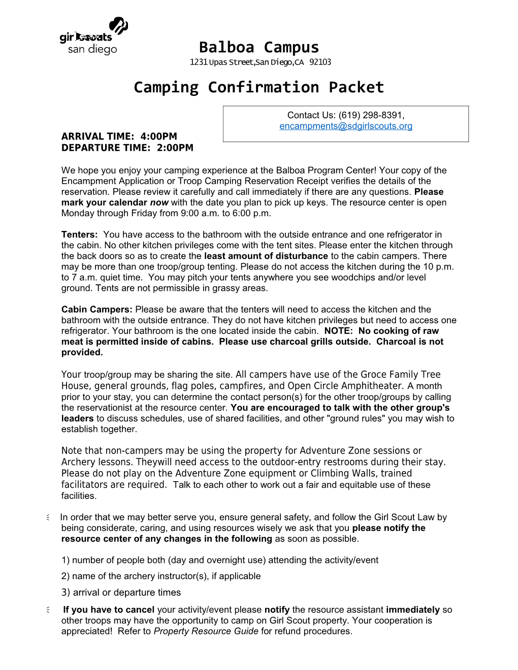 Balboa Program Center Camping Confirmation Packet s1