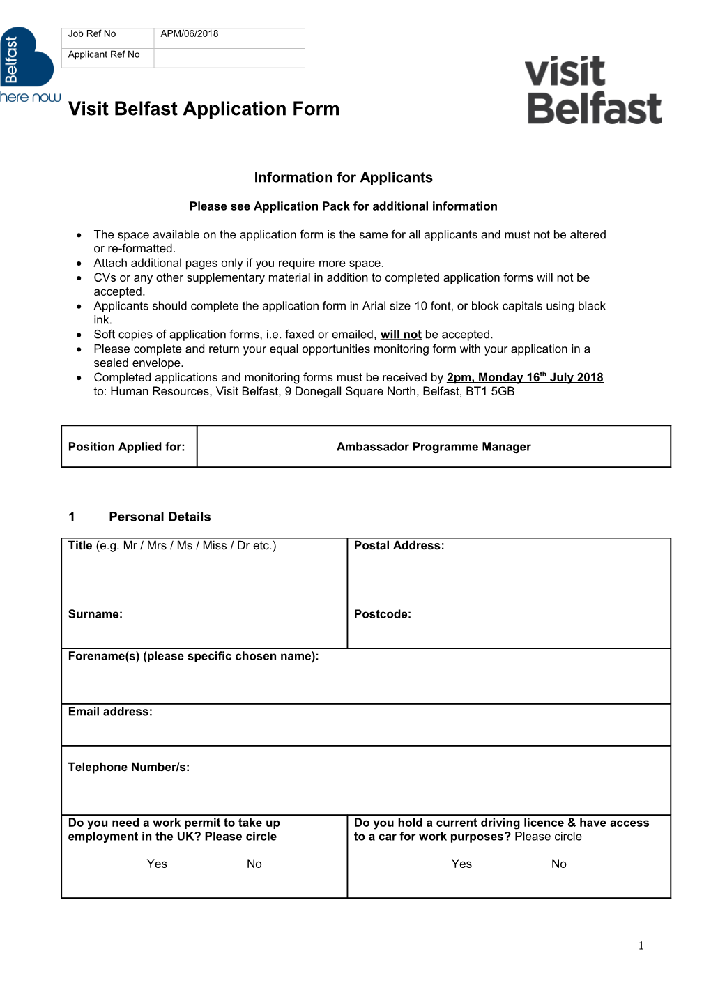 Visit Belfast Application Form