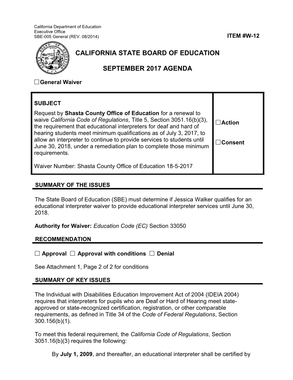 September 2017 Waiver Item W-12 - Meeting Agendas (CA State Board of Education)