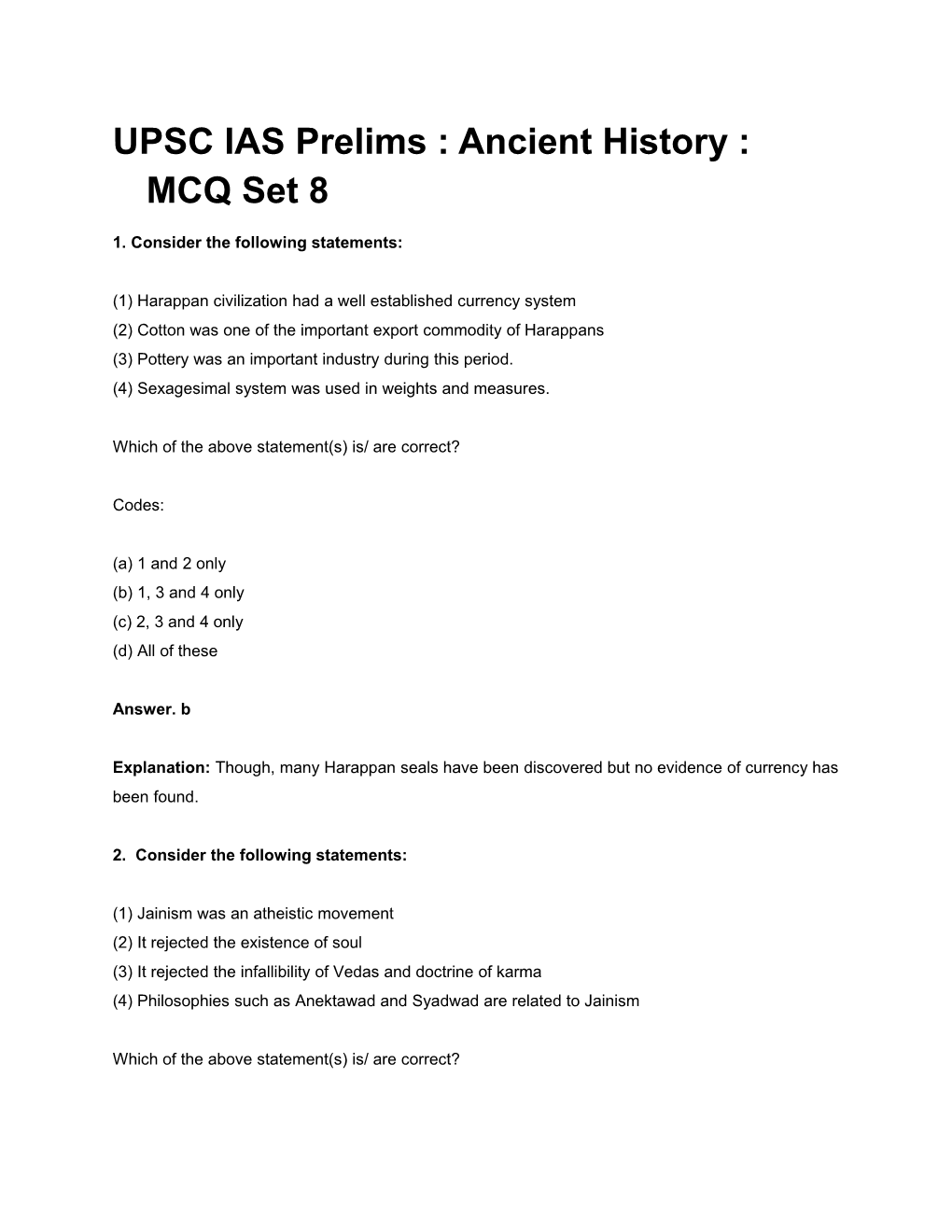 UPSC IAS Prelims : Ancient History : MCQ Set 8