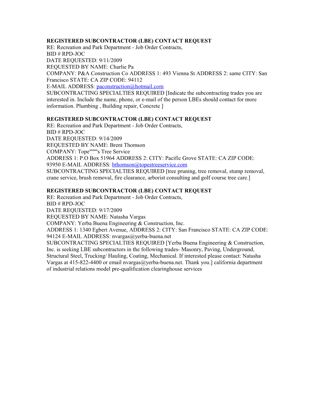 Registered Subcontractor (Lbe) Contact Request