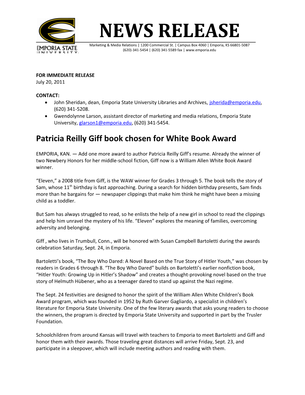 Patricia Reilly Giff Book Chosen for White Book Award
