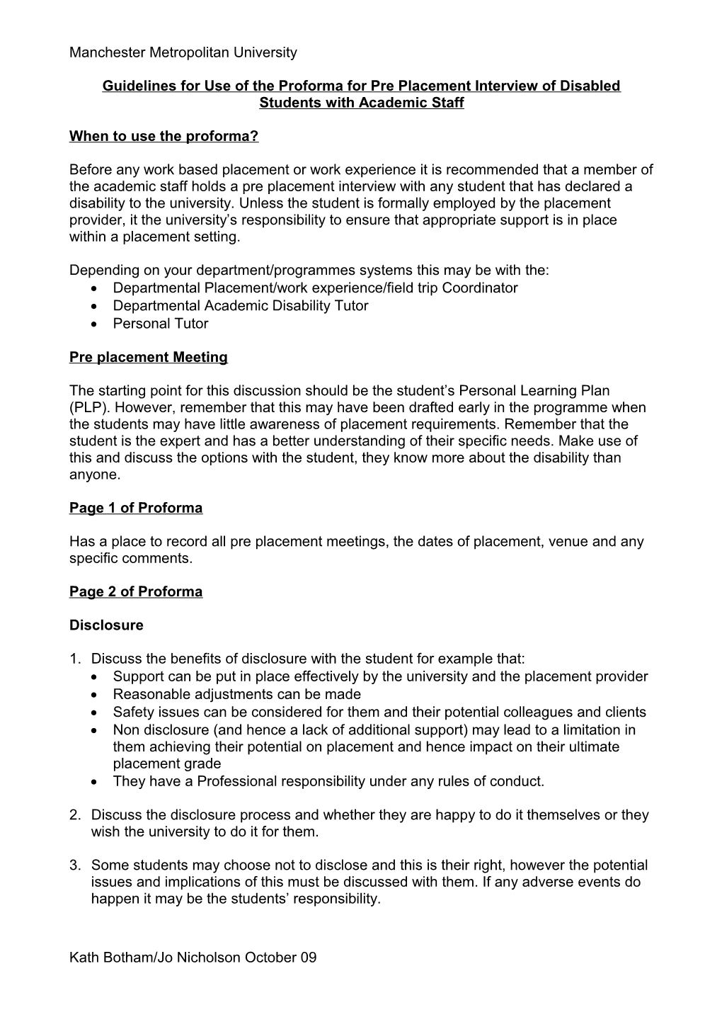 Guidelines for Use of the Proforma for Pre Placement Interview of Students with Disabilities