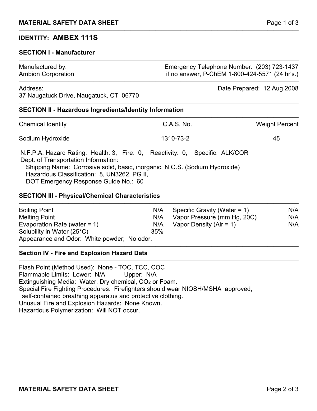 MSDS for Ambex 3158