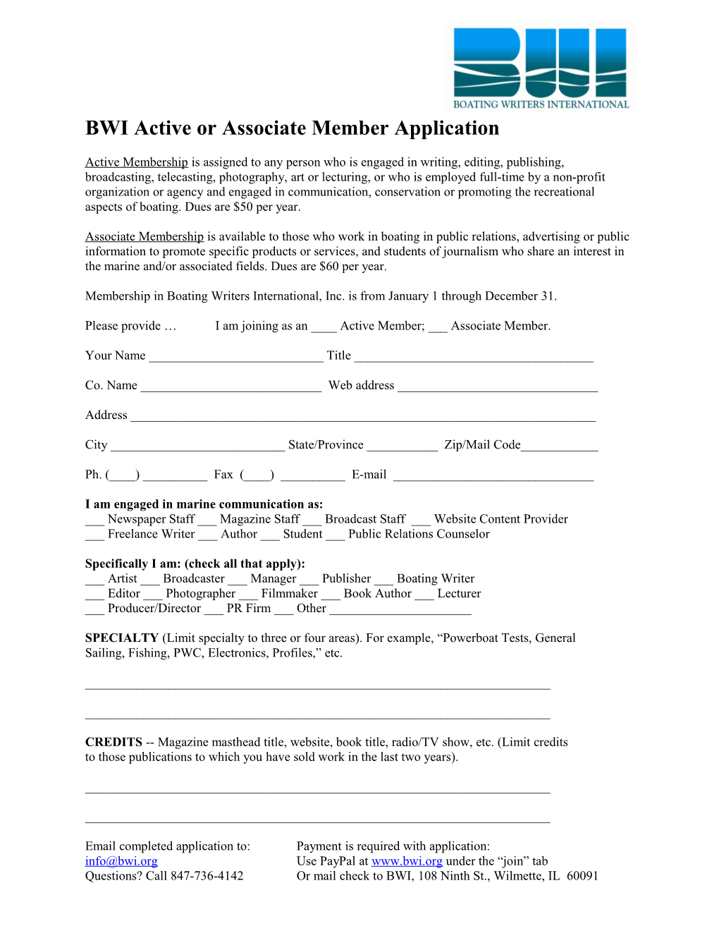BWI Active Or Associate Member Application