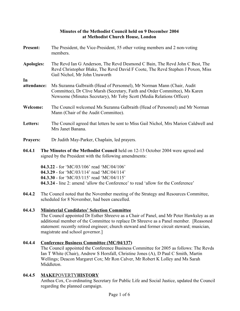 Minutes of the Methodist Council Held on 9 December 2004