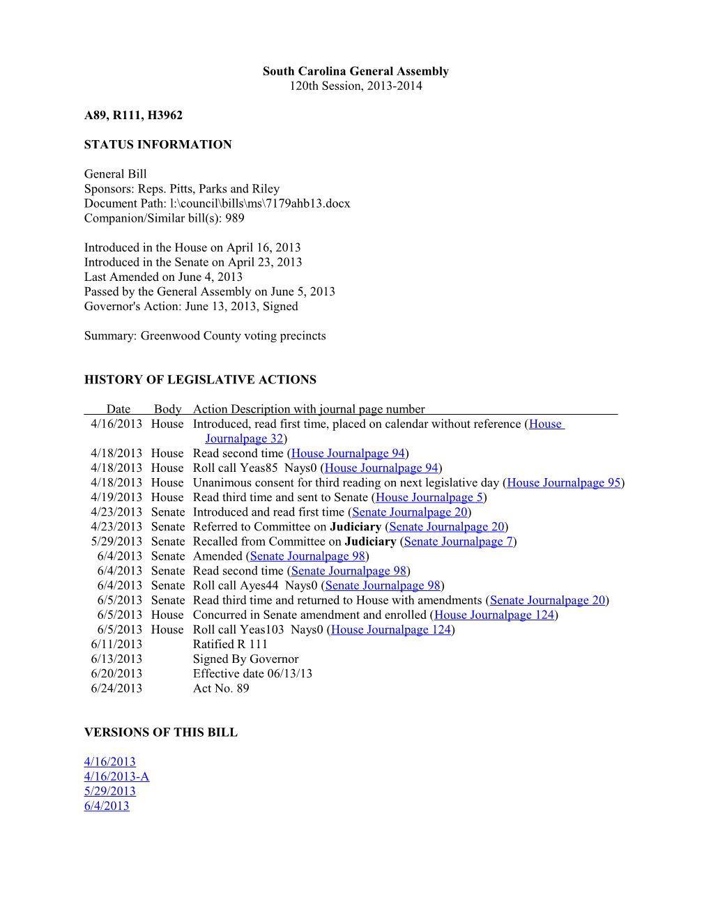 2013-2014 Bill 3962: Greenwood County Voting Precincts - South Carolina Legislature Online