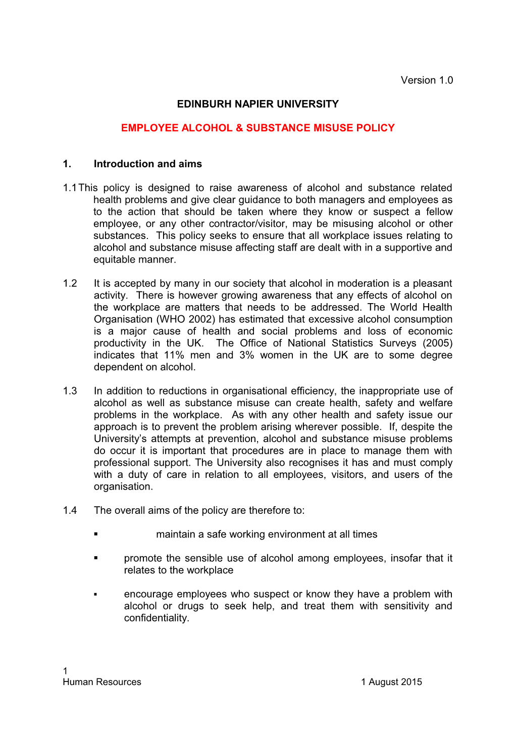 Employee Alcohol & Substance Misuse Policy