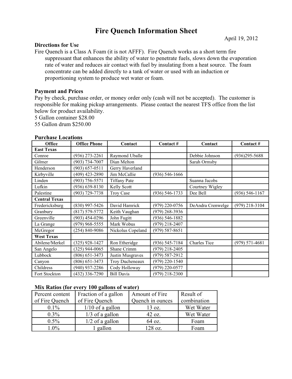 Fire Quench Info Sheet