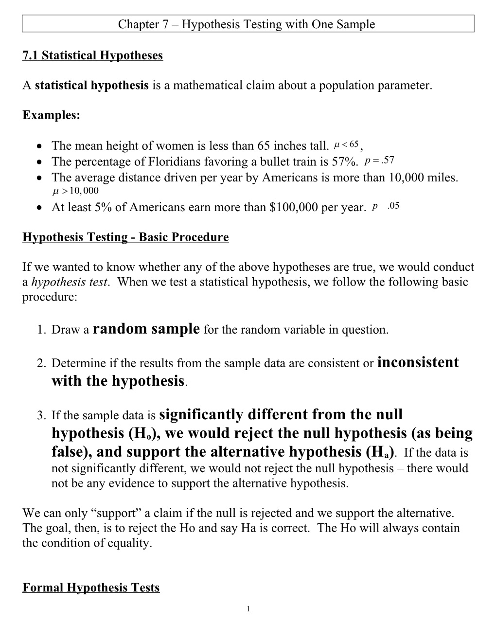 Chapter 7 Hypothesis Testing with One Sample s1