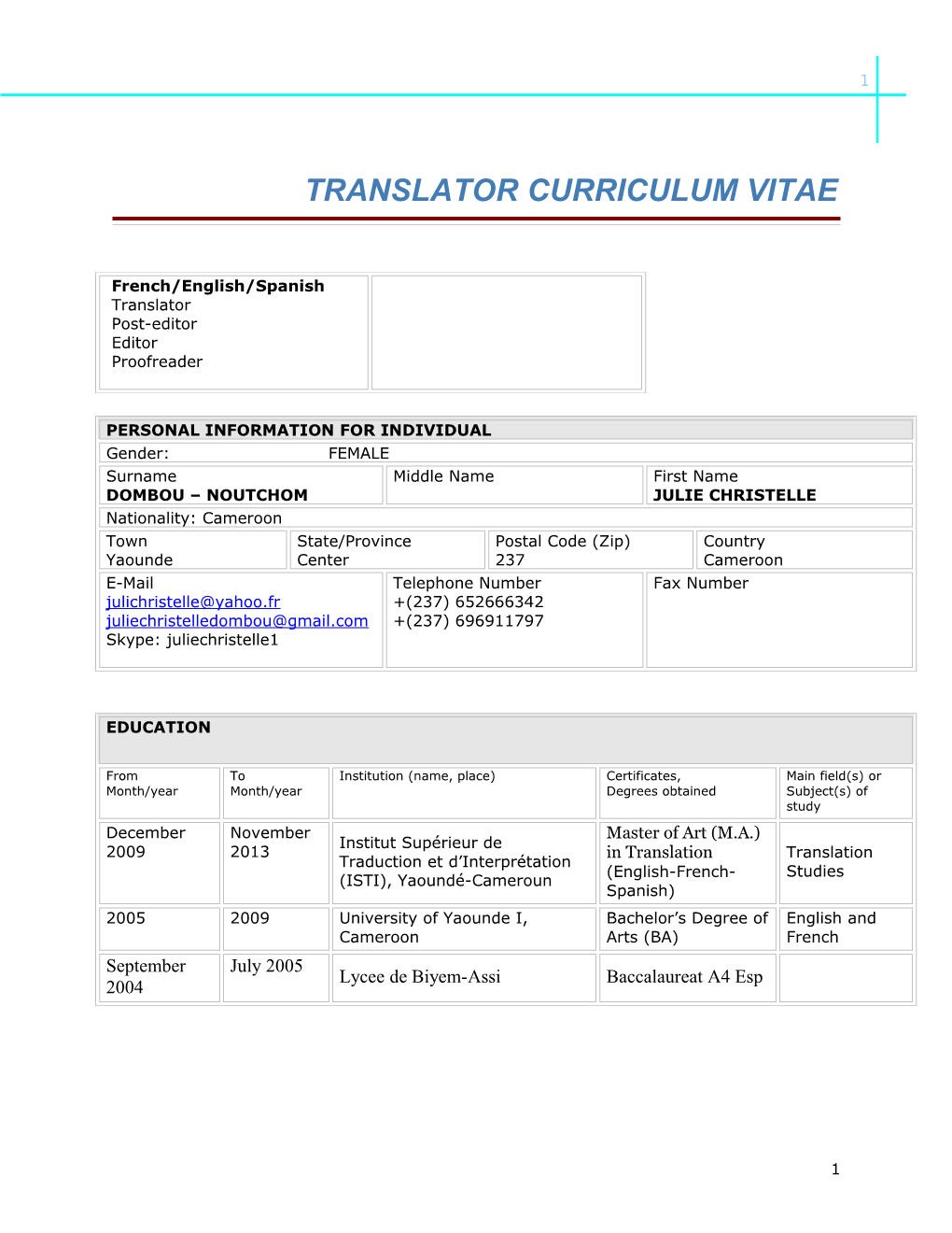 Translator Curriculum Vitae