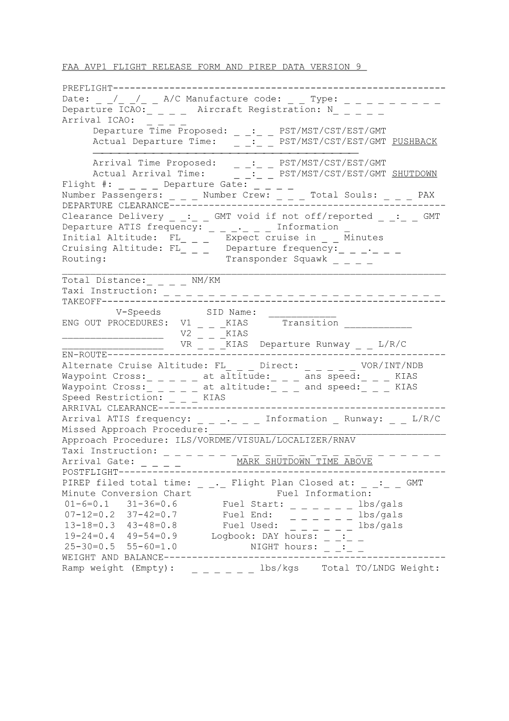 Southwest Airlines Avp1 Flight Realease Form