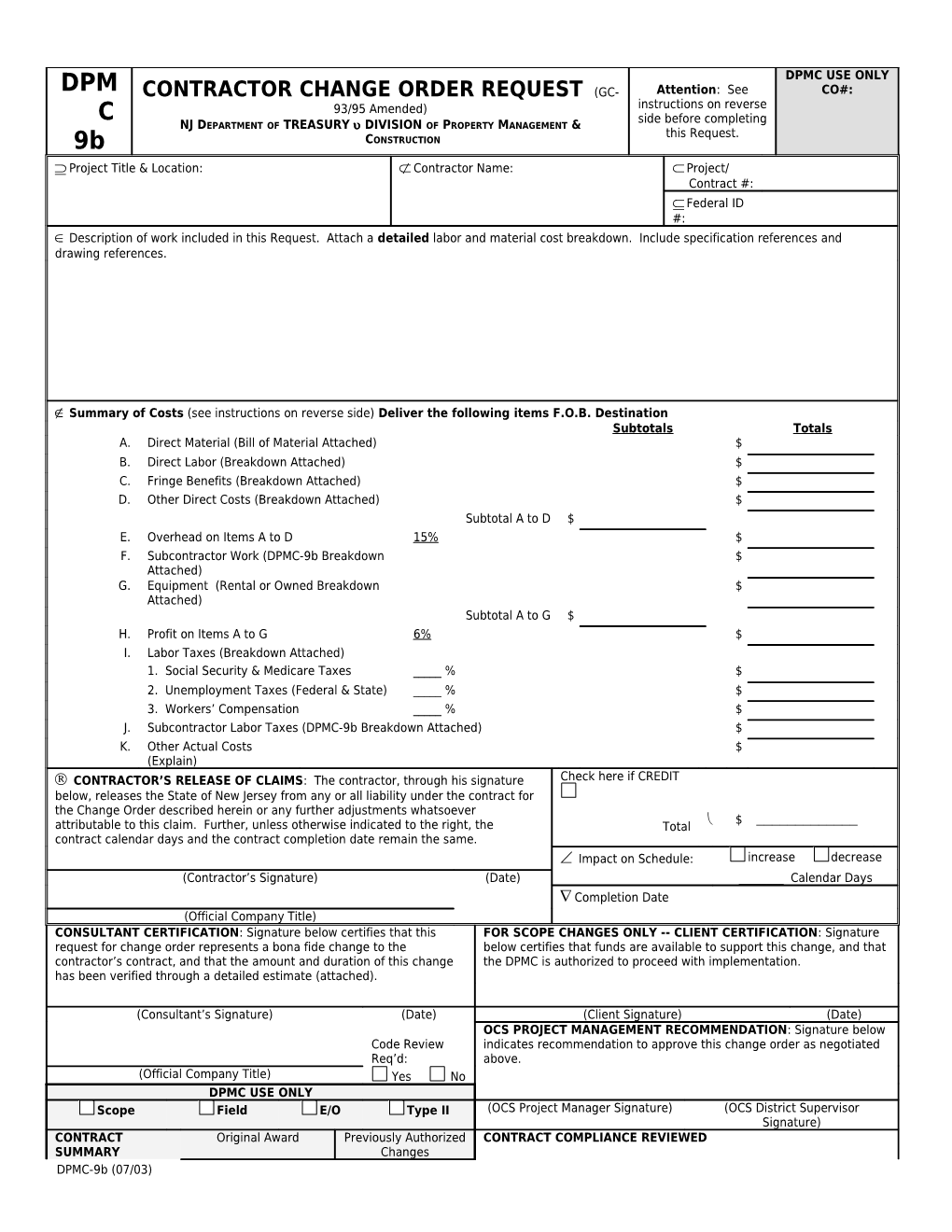 OBC-9B Contractor Request for Change Order