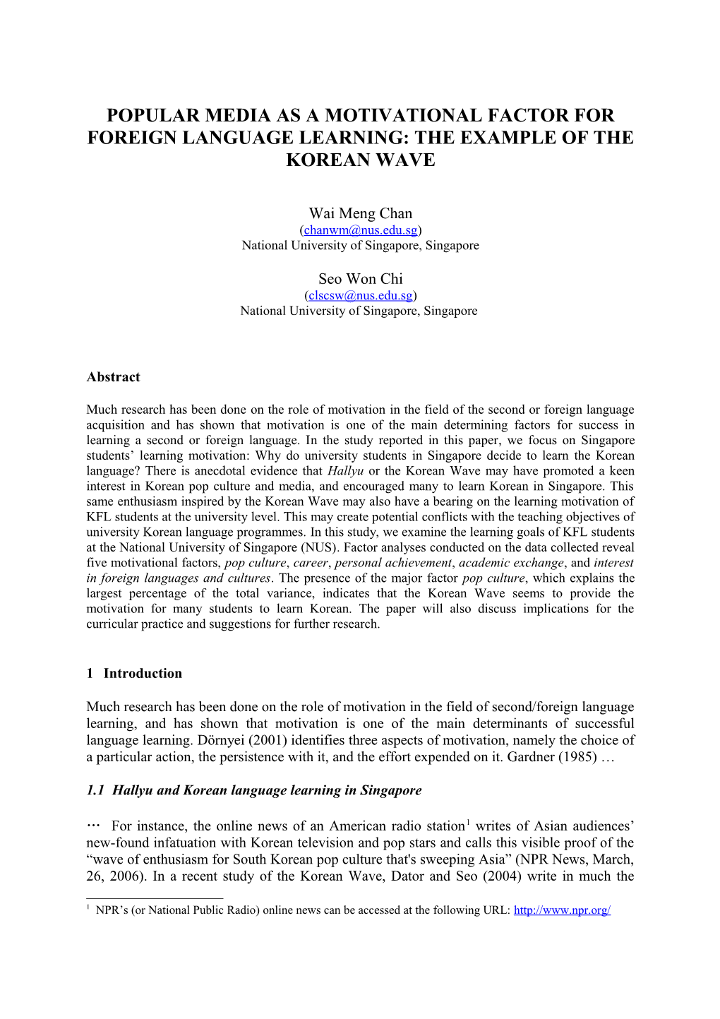 A Study of the Learning Orientations of Korean Language Students at the University