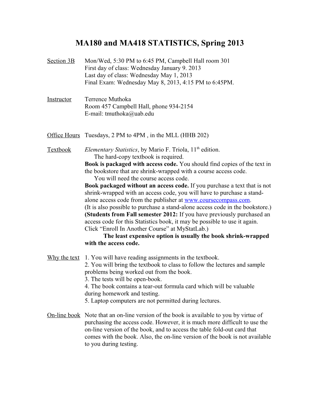 MA180 and MA418 STATISTICS, Spring 2013