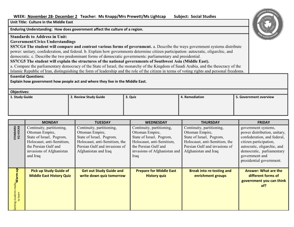 WEEK: November 28- December 2Teacher: Ms Knapp/Mrs Prewett/Ms Lightcap Subject: Social Studies