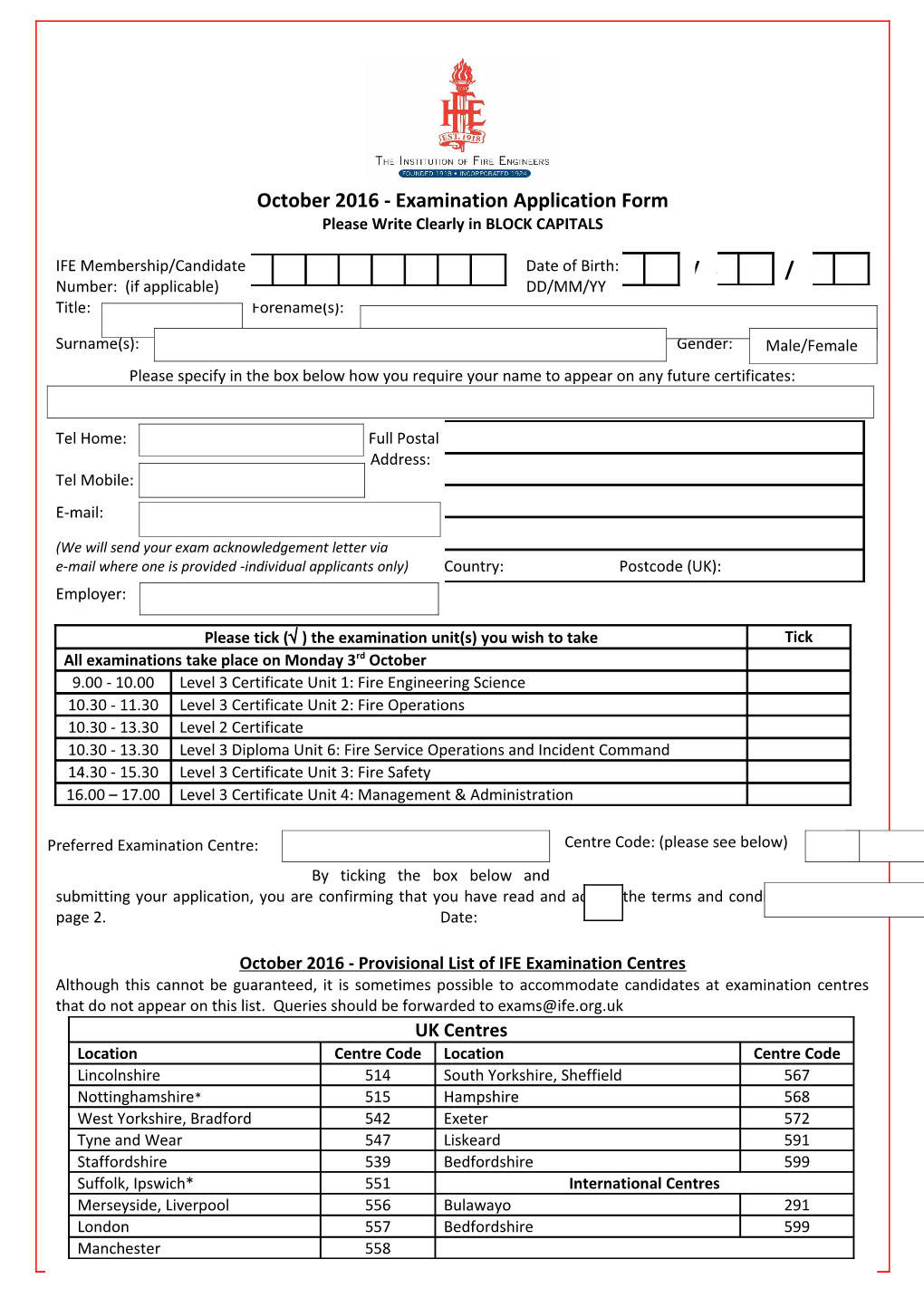 October 2016 - Examination Application Form
