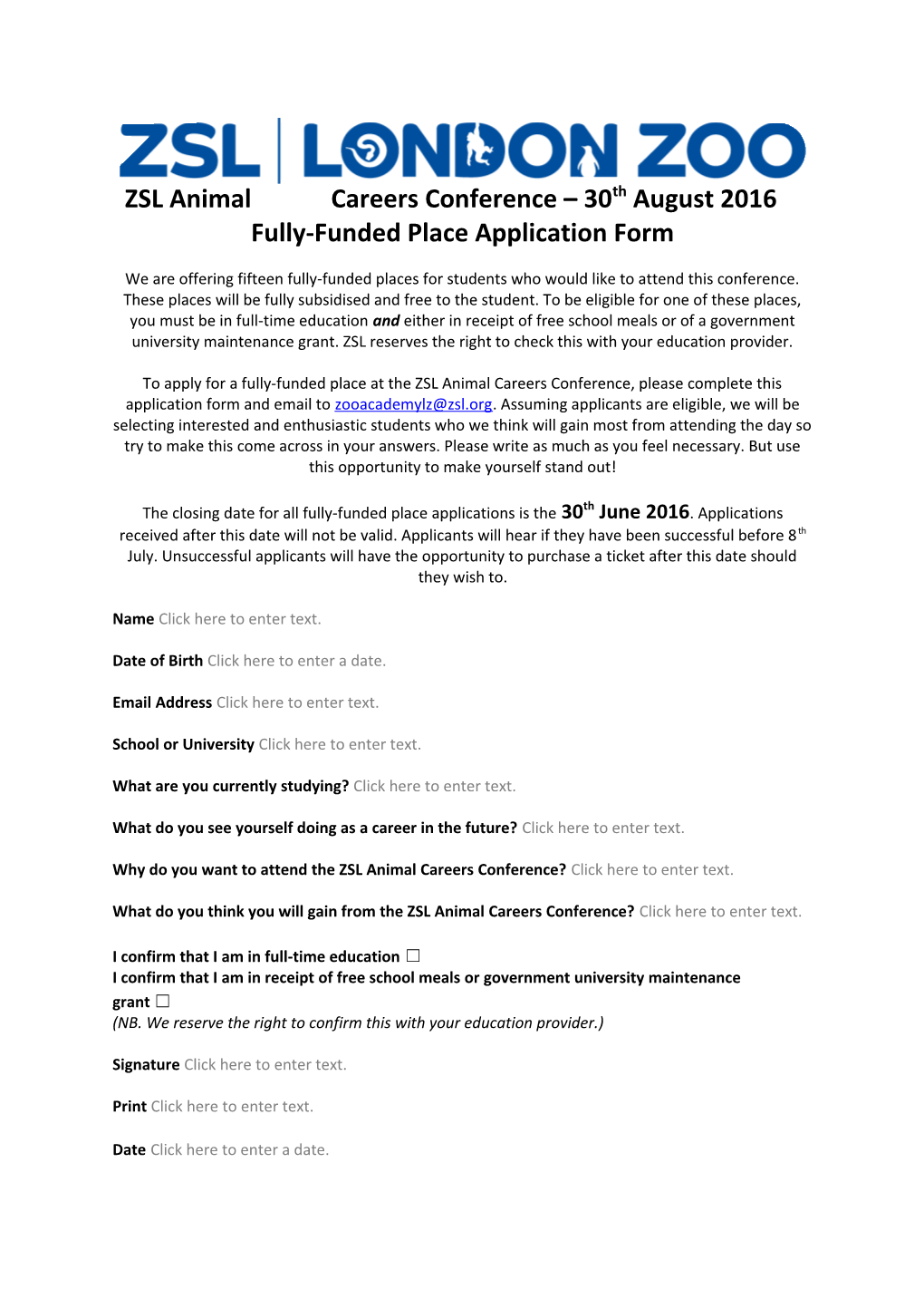 Fully-Funded Place Application Form
