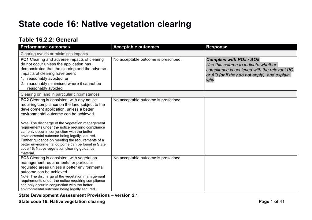 State Code 16: Native Vegetation Clearing - Response Template