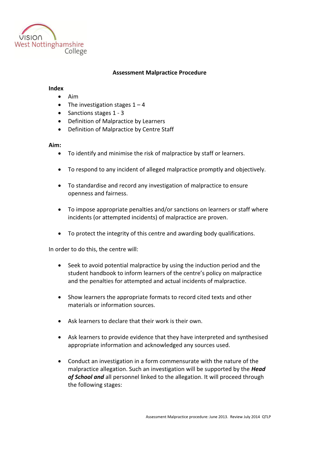 Assessment Malpractice Policy