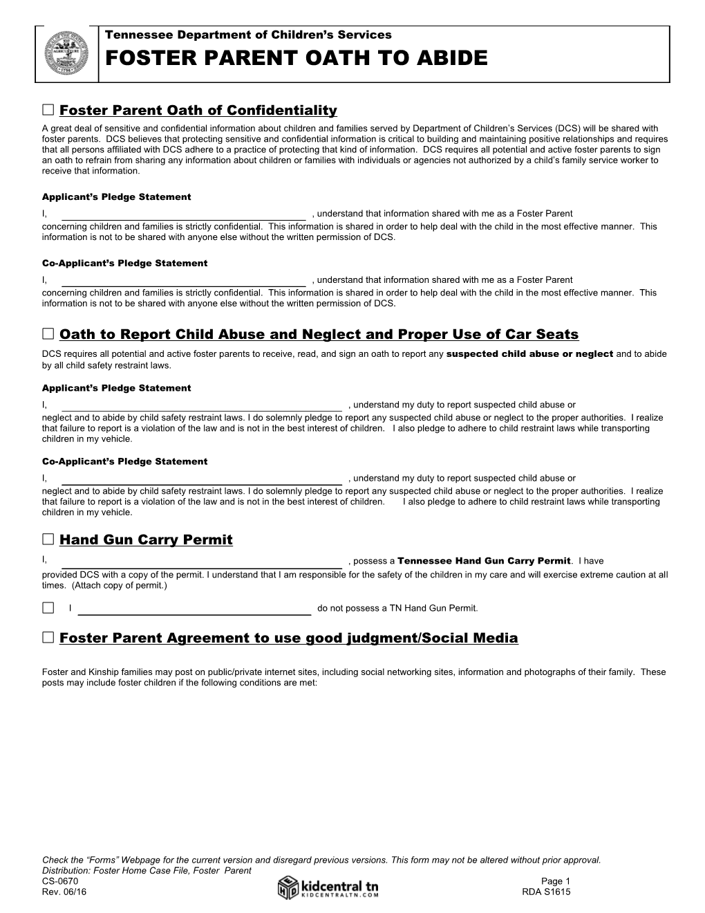 Foster Parent Oath of Confidentiality