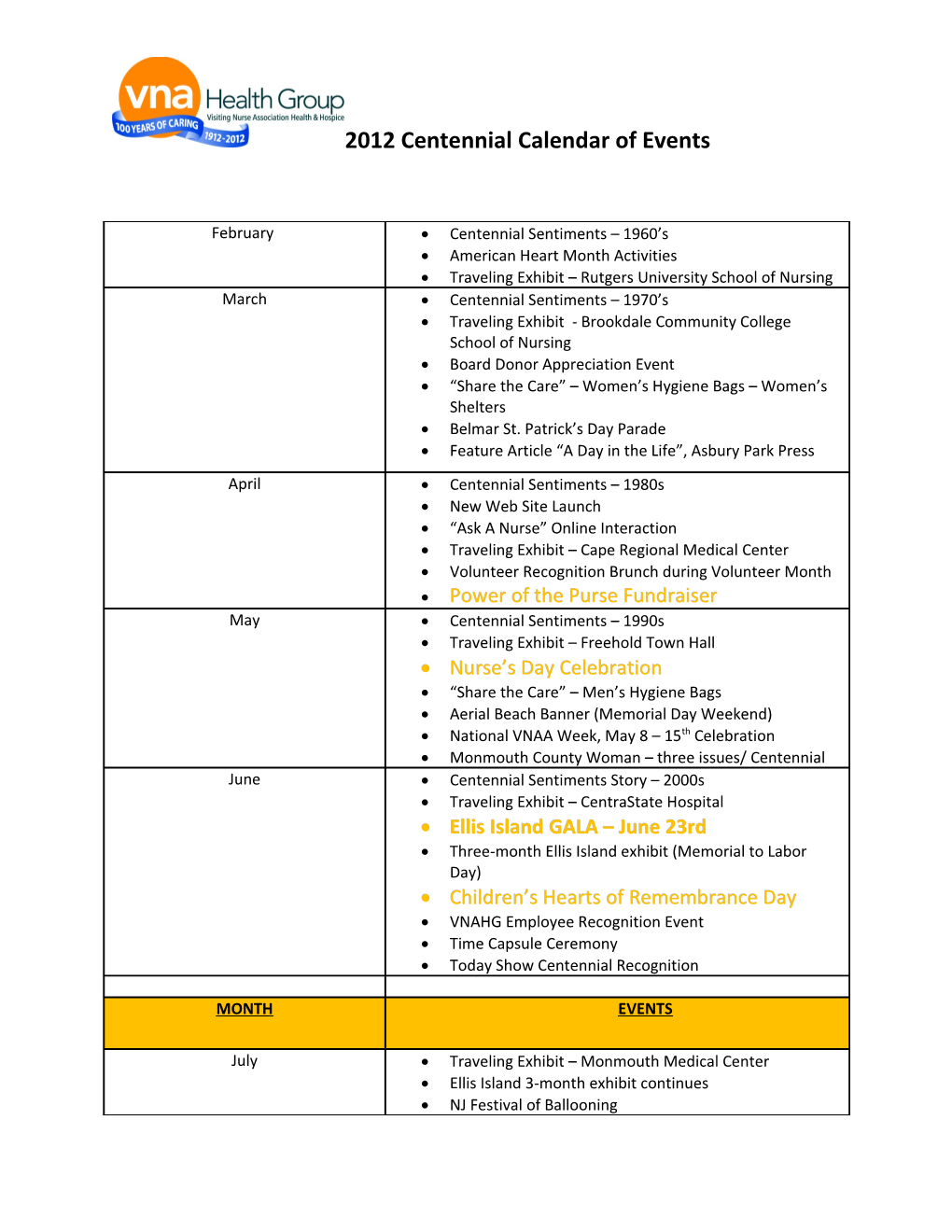 2012 Centennial Calendar of Events