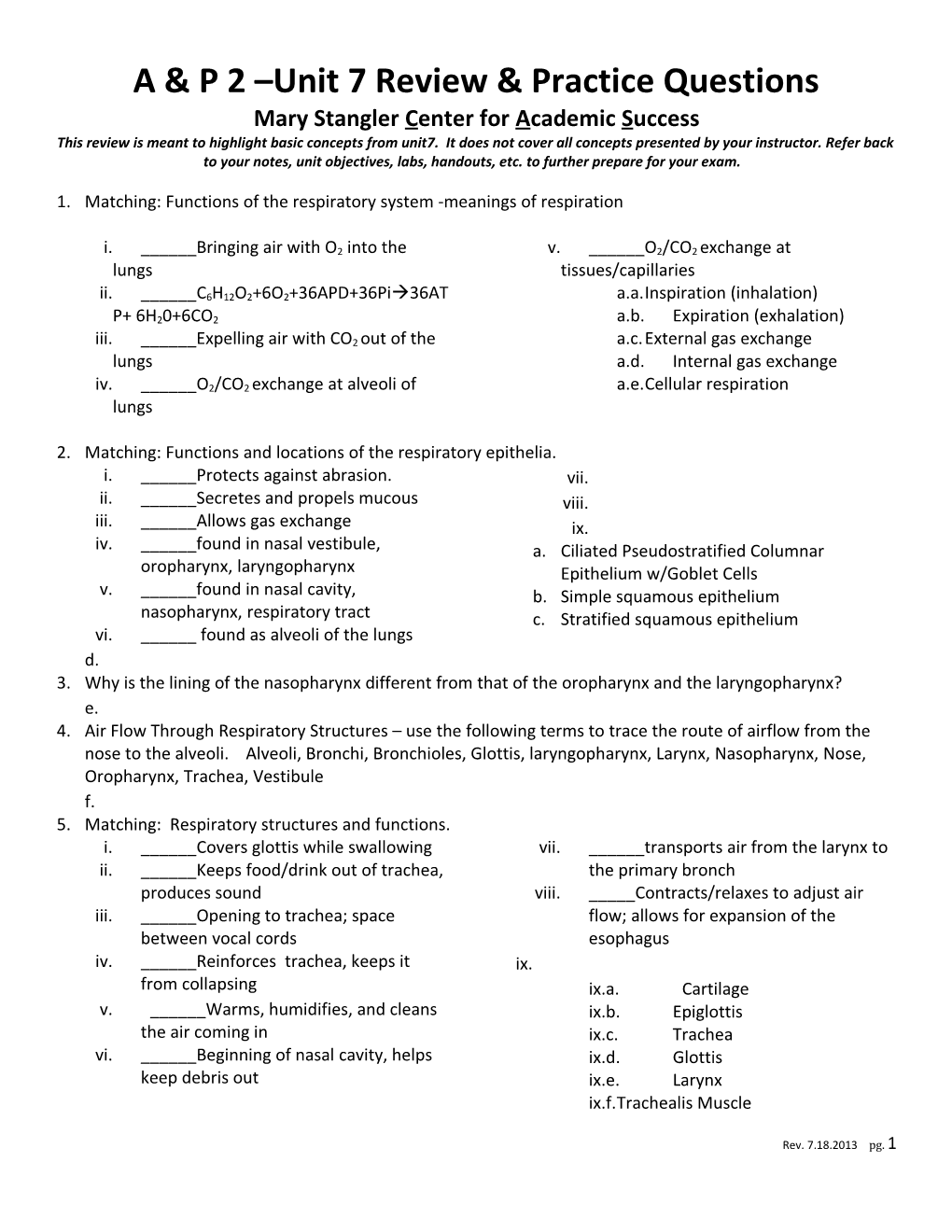 A & P 2 Unit 7 Review & Practice Questions