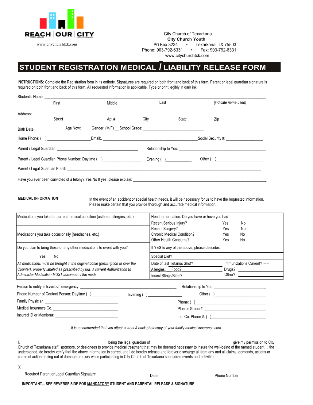 Student Registration Medical I Liability Release Form