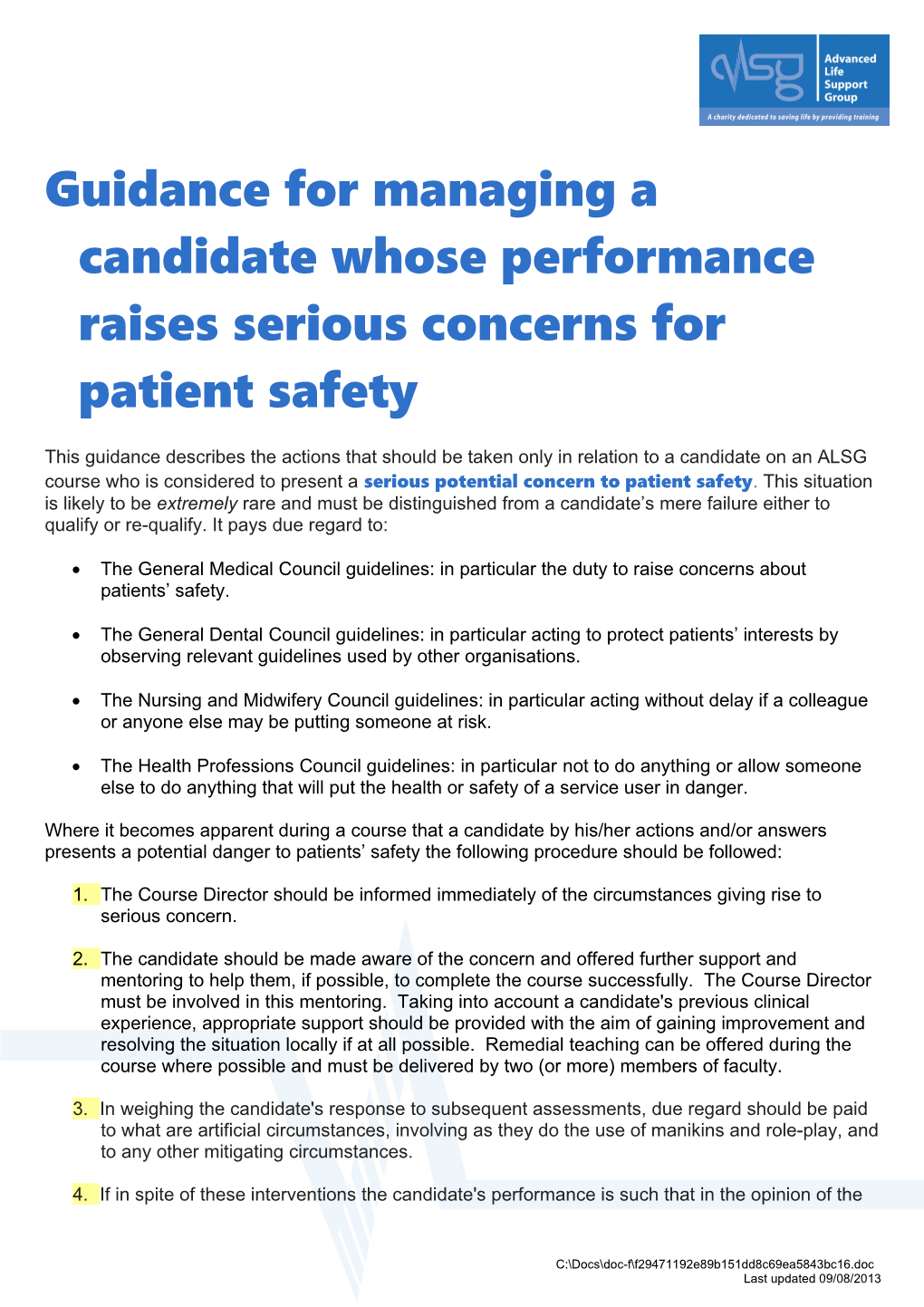 Guidance for Managing a Candidate Whose Performance Raises Serious Concerns for Patient Safety