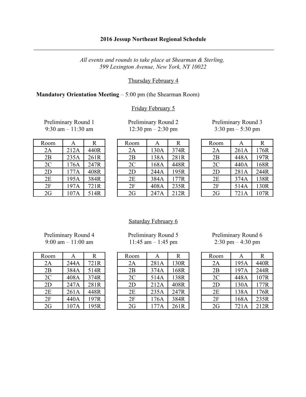 2016 Jessup Northeast Regional Schedule